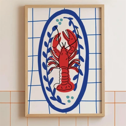 1件龙虾图案龙虾盘装饰画，蓝色厨房装饰帆布墙画，时尚女孩艺术，励志语录艺术，家居装饰，墙挂