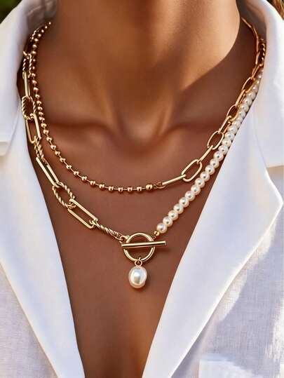 1 pieza Collar de cadena larga con cuentas de moda, collar de perlas multicapa con broche vintage para mujeres, adecuado para uso casual, citas, vacaciones, bodas, fiestas - el orden de la cadena y la forma de la perla son aleatorios