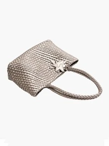 Women's Shoulder Bag, Woven Handbag, Travel Leather Beach Tote Bag, Women's Work Bag - Silver - View 6