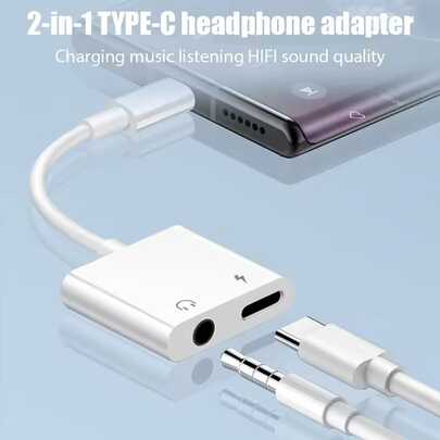 1个男女通用多功能耐磨防汗二合一Type-C转3.5mm音频+智能分线适配器，不伤设备，经典实用USB-C耳机充电适配器，兼容苹果17 Air/16e/17/16/15 Pro/Max以及多种笔记本电脑/平板电脑品牌，适合通勤、流媒体、游戏、商务旅行等场景。