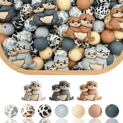 36/61颗水獭一家硅胶珠套装 - 棕灰色水獭亲子设计 - 可爱的动物造型珠子 - 非常适合DIY钥匙扣、项链、手链、装饰笔、珠宝和吊坠 - 母亲节、父亲节、生日礼物佳选