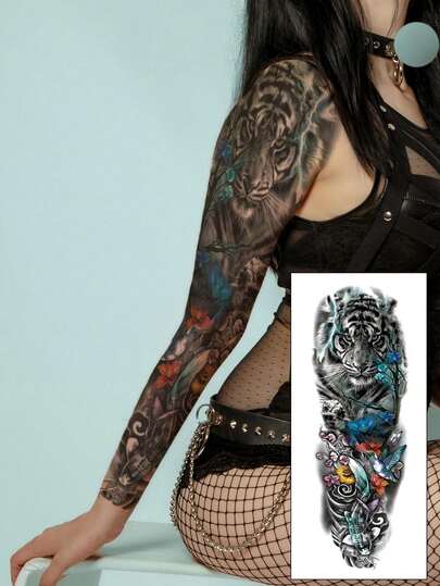 Full Arm Temporary Tattoo - Extra Large Gradient Tiger, Floral, Bird, Koi Fish Designs, Suitable For DIY, Anime Conventions, Carnivals, Music Festivals, Valentine's Day, Party Events, Waterproof For Beach, Full Arm & Leg Coverage