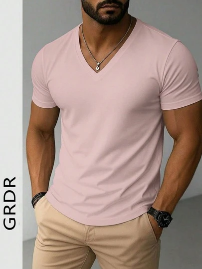 GRDR تي شيرت رجالي بياقة على شكل حرف V وأكمام قصيرة، مناسب للارتداء الكاجوال في الخارج صيفًا