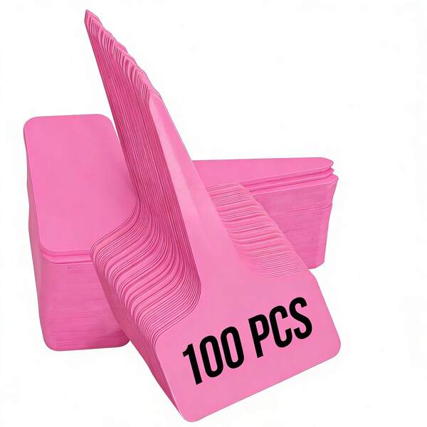 100 PCS Plant Labels T-Type Plastic Garden Tags Waterproof Plant Sign Stakes Nursery Garden Makers For Seedlings Flower Vegetables Herb Potted Belt Permanet Marker Pen (Pink)