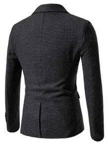 Chaqueta de traje ajustada con estampado de pata de gallo para hombre, blazer formal casual - Negro - Ver 2