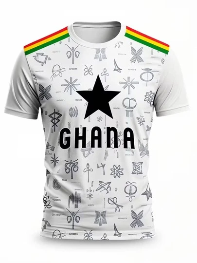 New Men's Black Star And Ghana Cultural Symbol Ghana National Team Jersey - Authentic Fan Version, Suitable For Training And Competition, Comfortable And Casual Round Neck Short Sleeved T-Shirt Suitable For Men To Wear All Year Round