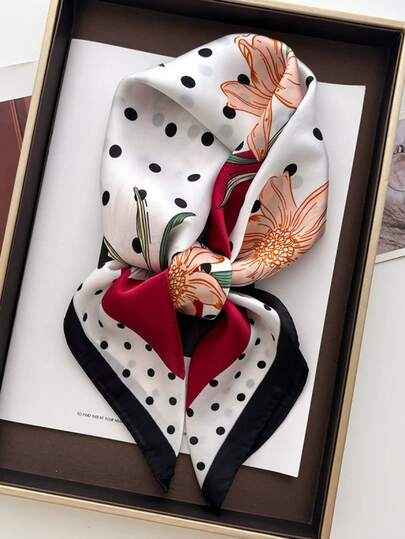 1pc Women's Luxury Elegant Polka Dot Print Spring Bandana Scarf, Head Wrap, Neck Tie, Decorative Silk Scarf