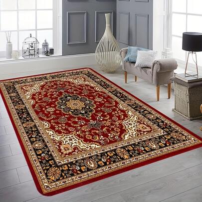 1pc Red Chinese Style Retro Floral Print Decorative Carpet, Suitable For Living Room Carpet, Rug, Living Room Area Carpet, Area Small Rug, Mat, Home Decor, Large Living Room Carpet, Living Room Home Decor, Room Decor, Washable Carpet