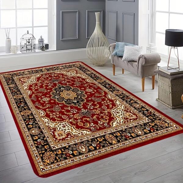 1件红色中国风复古花卉印花装饰地毯，适用于客厅地毯、小地毯、客厅区域地毯、小地毯、地垫、家居装饰、大客厅地毯、客厅家居装饰、房间装饰，可水洗地毯