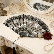 哥特式蕾丝折扇，饰以人造玫瑰和十字架 - 复古维多利亚风格手扇，适合洛丽塔时尚、角色扮演、婚礼、茶会和万圣节服装配饰 - 优雅的黑色/白色/粉色/红色花卉蕾丝扇，带流苏，适合女性和女孩 - 多色 - 查看 6