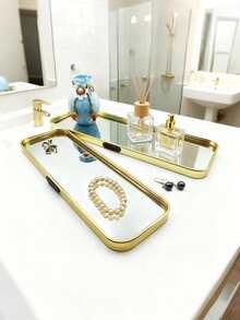 1 pieza Elegante bandeja de almacenamiento rectangular de vidrio dorado (disponible en tamaños pequeño, mediano y grande), superficie de espejo de vidrio de alta definición, estilo nórdico de lujo, material de aleación de aluminio y vidrio - Estantería de almacenamiento multifuncional, bandeja de exhibición de gran capacidad, bandeja para joyas, caja de almacenamiento de cosméticos, aromaterapia, portavelas, joyas, cosméticos - rectángulo - Ver 7