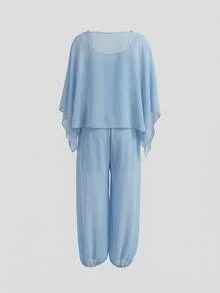 Women's Elegant Vacation One Shoulder Loose Chiffon Shawl Top, Paired With Camisole And Pleated Harem Pants Set, Suitable For Vacation, Beach, Date, Daily Wear, Spring/Summer - Sky Blue - View 3