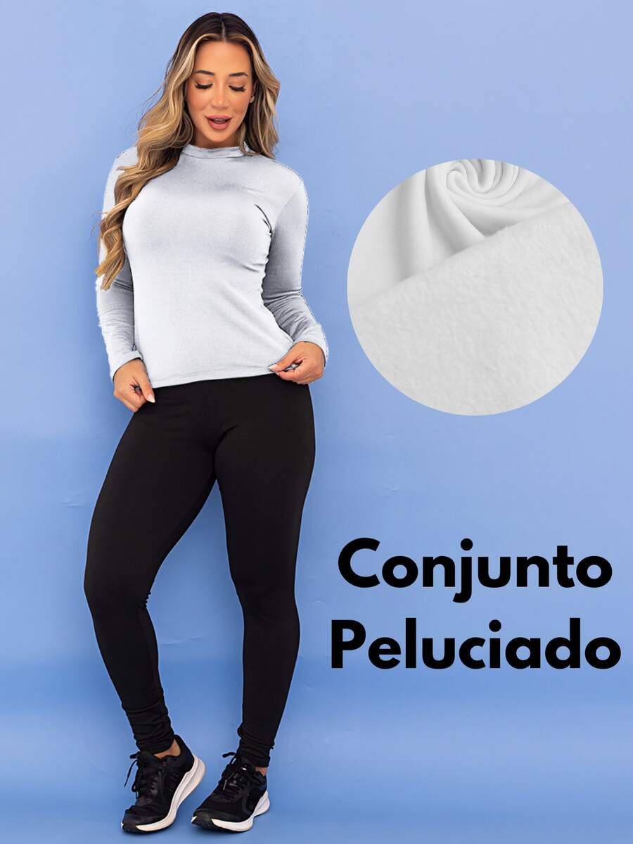 Women's Winter Thermal Sports Set, Base Layer Top, Fleece Leggings, Fleece-Lined Fitness Pants, Tarelles - 白色 - 查看 1
