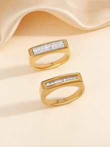 2 piezas Juego de anillos de acero inoxidable de color dorado elegante, incrustado con rhinestones blancos, disponible en múltiples tamaños, adecuado para uso diario de mujeres o como regalo - Amarillo Oro - Ver 6