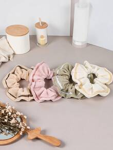 4-Piece Ribbed Fabric Scrunchie Set - Soft Muted Colors With Contrast Trim, Minimalist Hair Ties For Everyday Wear Scrunchy Hair Ties Ponytail Holders - Multicolor - View 3