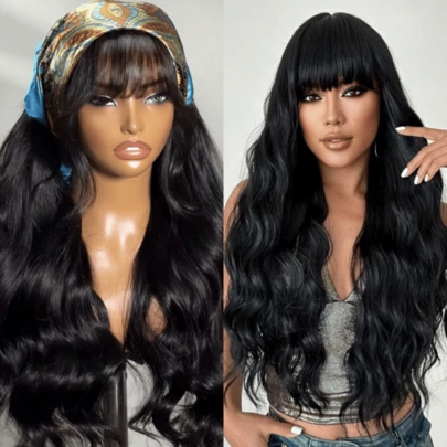 ZHENDEFA 150% Density Brazilian Virgin Hair Wig With Big Wave Bangs, Machine Made Lace Front Wig, Natural Color