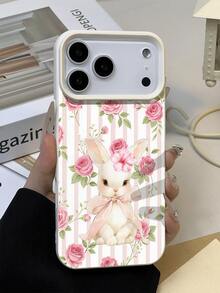 1个甜美温柔的粉色条纹玫瑰兔子图案荔枝纹理防水防震防滑软手机壳，适合作为生日/节日礼物送给朋友、家人、情侣，兼容苹果/苹果手机型号 - 彩色 - 查看 4