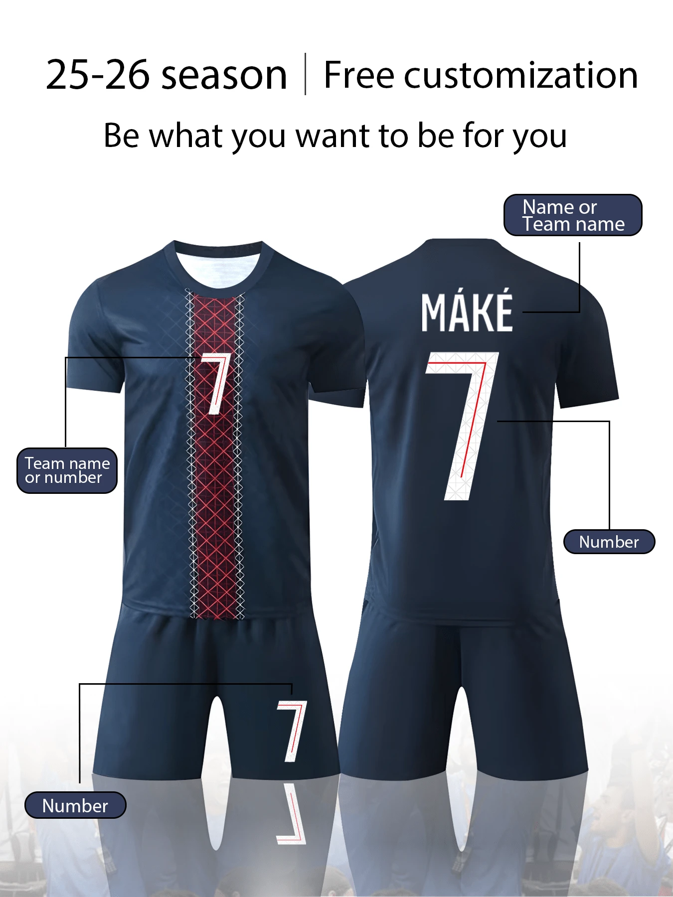 2pcs/Set Personalized Allover Print Football Uniform For Boys, 25-26 Years, Customized Name & Number/Club Logo, 7 Number Print, Short Sleeve Shirt & Shorts Set, Suitable For Sports, Cycling, Outdoor Running, Soccer Gift For Boys, Back To School - Royal Blue - View 1