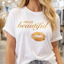 Camiseta de Algodón para Mujer con Estampado de Labios Dorados "Hello Beautiful". Camiseta casual de algodón para uso diario, o como camiseta conmemorativa para amigos o seres queridos. También adecuada como suéter. Entrega Rápida. - Blanco - Ver 6