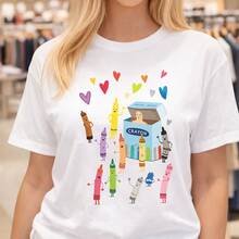 Camiseta de algodón para mujer con estampado de una linda caja de crayones y corazones de colores. Ideal para uso diario o como camiseta conmemorativa para amigos o seres queridos. También es adecuada como suéter. Entrega rápida. - Blanco - Ver 6