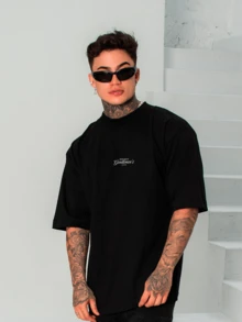 Oversized Streetwear Crew Neck T-Shirt DMUNIZ Santinni Gentleman's 100% Cotton Premium Release Gym Workout New - 黑色 - 查看 3