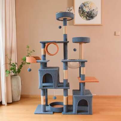 Árvore para gatos de interior multinível com postes de arranhar, cama espaçosa, plataforma de observação e brinquedos para gatos incluídos.