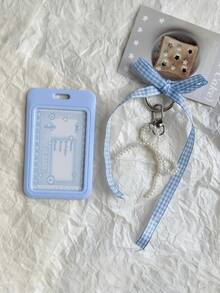 1pc Blue Card Holder With Sliding Grid Strap And Faux Pearl Pendant, Removable And Wipeable Sliding Cover, Key Chain, Office/School ID Card Protector, Detachable Lanyard/Pendant - Durable Transparent Card Sleeve - Multicolor - View 7