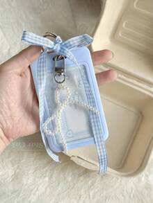 Blue Card Holder Sliding Plaid Ribbon Faux Pearl Pendant,With Detachable And Wiping Sliding Cover, Keychain,Meal Card Id Card Id Card And Bus Card Protective Cover, Office School Certificate Protective Cover, And Detachable Hanging Rope/Pendant - Heavy-Duty Transparent Card Holder - Multicolor - View 2