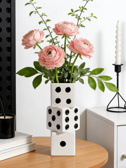1pc White & Black Stacked Dice-Shaped Resin Vase - Playful Cubic Design With Glossy Finish, Ideal For Living Room Coffee Tables, Game Room Shelves & Bedroom Dressers. Holds Fresh/Dried Blooms, Adds Quirky Vibes,Home Decoration For Living Room, Bedroom, Study, Wedding Party, Holiday Atmosphere, Valentine's Day, Wedding Gift, Best Holiday Gift, Display Rack Decor Rama Decoration Birthday Gifts Graduation