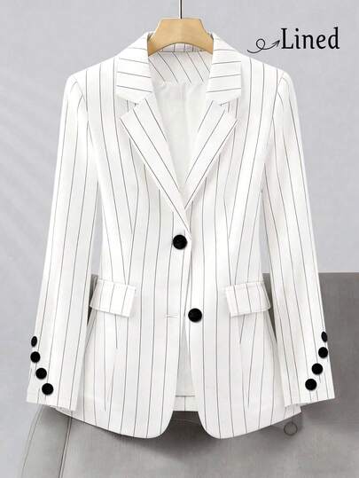 女士休闲通勤条纹印花单排扣袖口纽扣装饰修身常规西装外套 白色