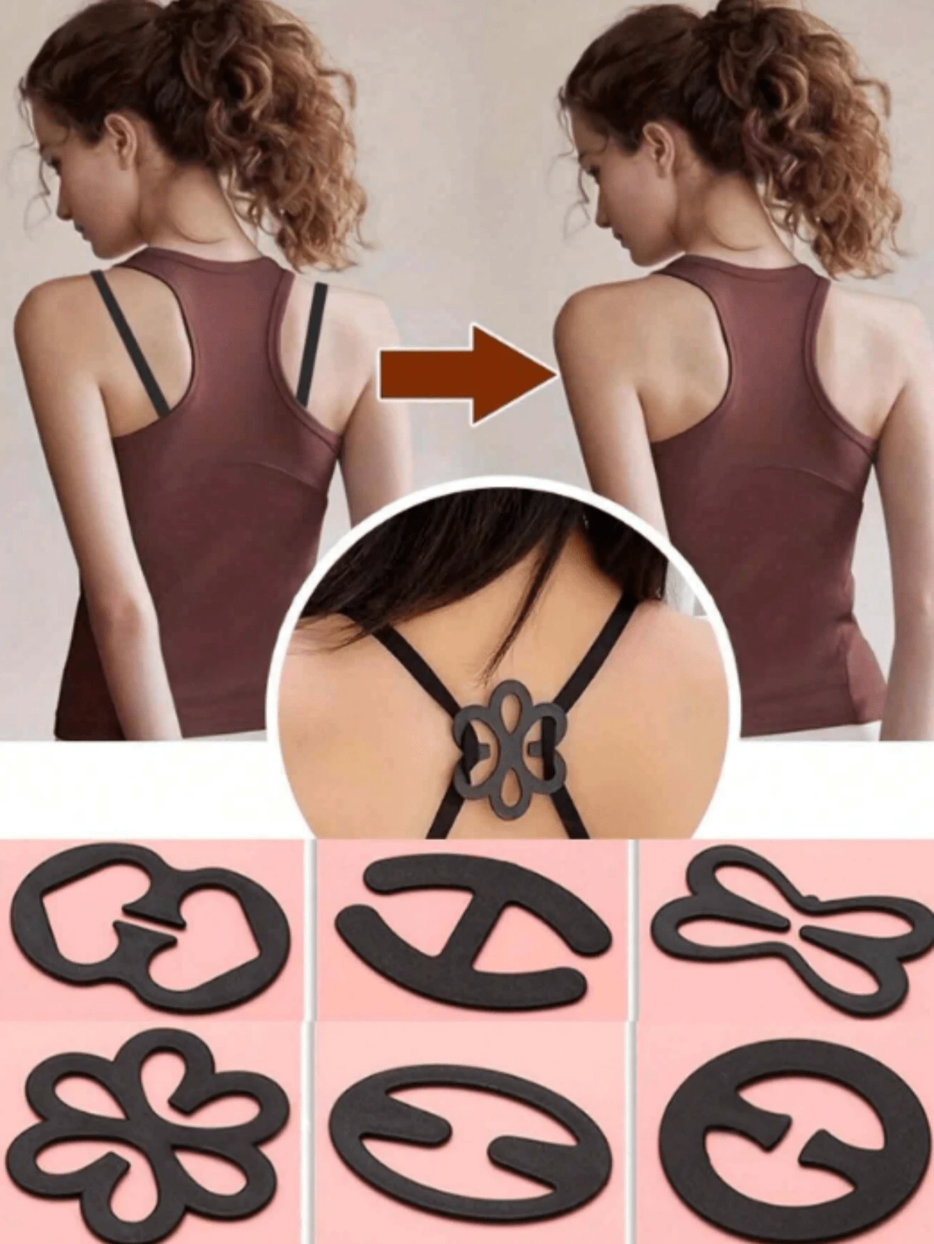 2/4/6个花朵、蝴蝶、爱心、几何图案（ABS树脂）文胸肩带夹，可调节四季隐形文胸肩带扣 - 黑色 - 查看 1