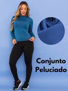 Women's Winter Thermal Sports Set, Base Layer Top, Fleece Leggings, Fleece-Lined Fitness Pants, Tarelles - 藍色 - 查看 7