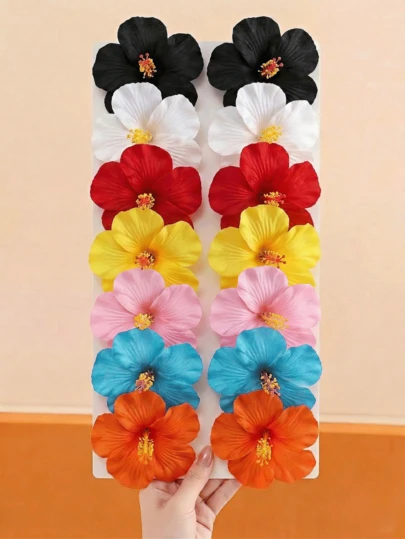 14 piezas de Pinzas para el cabello con flores de hibisco estilo hawaiano, accesorios para el cabello florales tropicales artificiales multicolor adecuados para mujeres/niñas para fiestas en la playa, vacaciones de verano