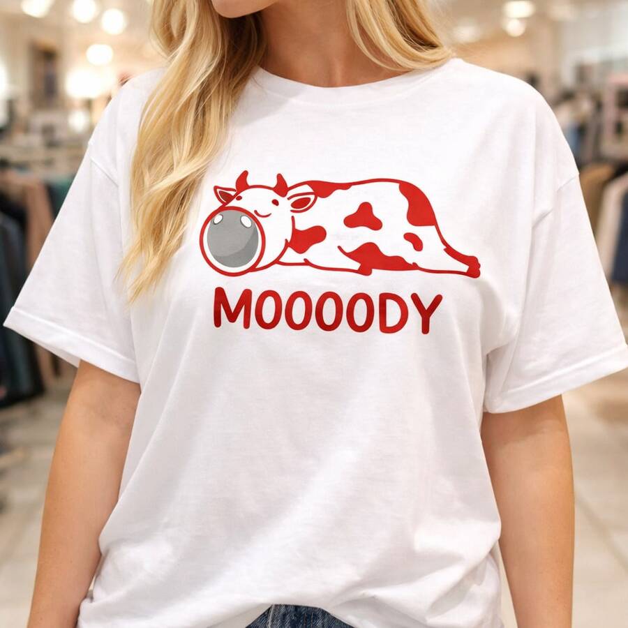 Camiseta de algodón para mujer con estampado de vaca "MOOOOODY". Camiseta blanca de manga corta informal para uso diario, o como camiseta conmemorativa para amigos o seres queridos. También adecuada como suéter. Entrega rápida. - Blanco - Ver 1