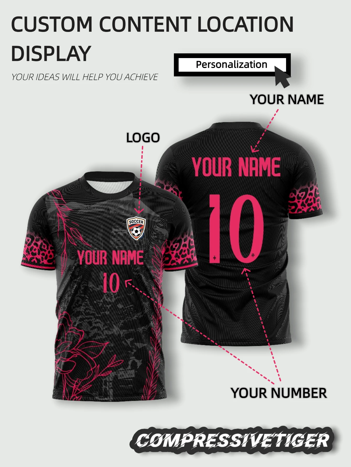 2026年巴西世界杯特别版定制球衣 - 个性化黑粉色足球衫，可添加您的姓名和号码，透气速干面料，适合日常穿着和比赛日。 - 玫紅色 - 查看 1