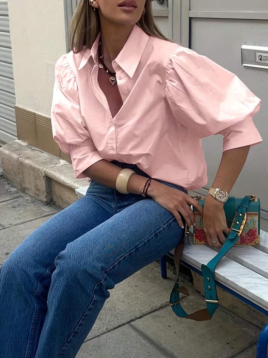 女士夏季纯色翻领中袖衬衫，泡泡袖设计，宽松复古休闲上衣，适合日常穿着、约会、商务场合、优雅度假粉色 - 粉色 - 查看 1