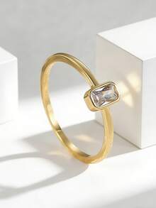 Charm-In Gold Plated Emerald Cut CZ Ring For Women Minimalist Bezel Set Gold CZ Ring - Gold - View 4