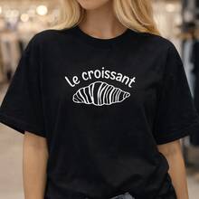 Camiseta de algodón para mujer con estampado Le Croissant, blanca, holgada, de manga corta, informal, para uso diario o como camiseta conmemorativa para amigos o seres queridos. También es adecuada como suéter. Entrega rápida. - Negro - Ver 6