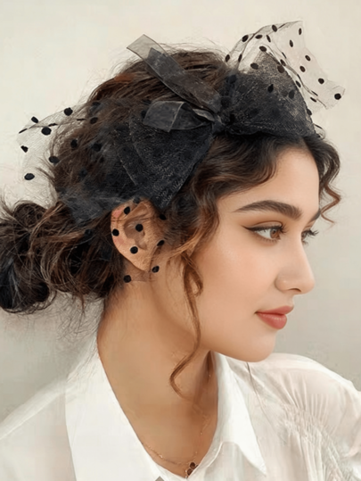 1pc Women's Vintage Mesh Lace Big Bow Polka Dot Hairband, Suitable For Banquet, Party, Event, Performance Hair Hoop, Summer, Holiday, Travel Hair Band