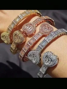 Luxury Iced Out Double Heart Bangle, Bridal Wedding & Banquet Jewelry, Elegant Sparkling Bracelet For Ladies - The Queen's Exclusive Bracelet - View 4