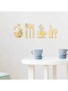 14pcs/Set Modern 3D Acrylic Mirror Wall Stickers: Forks, Spoons, Bowls, Tea Cups, Bottles, Wine Glasses - DIY Detachable Mural Stickers Suitable For Kitchen, Living Room, And Dining Room Decoration - 14-piece Dining Table Set - View 5