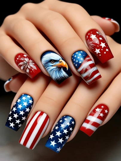24pcs Medium Square Patriotic Shiny Artificial Nail Tips, Bald Eagle American Flag Design, Red White Blue Nail Art, Suitable For Daily Wear