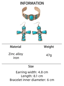 1pc Bracelet + 1 Pair Earrings Bohemian Turquoise Cross Jewelry Set, Versatile Daily & Holiday Wear For Women - Turquoise Cross Earring and Bracelet Set - View 8