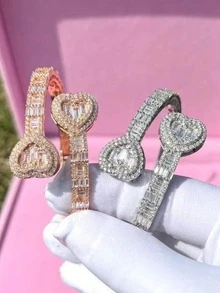 Luxury Iced Out Double Heart Bangle, Bridal Wedding & Banquet Jewelry, Elegant Sparkling Bracelet For Ladies - The Queen's Exclusive Bracelet - View 1