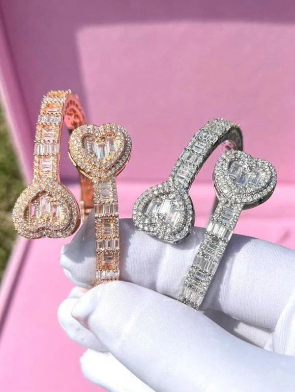 Luxury Iced Out Double Heart Bangle, Bridal Wedding & Banquet Jewelry, Elegant Sparkling Bracelet For Ladies