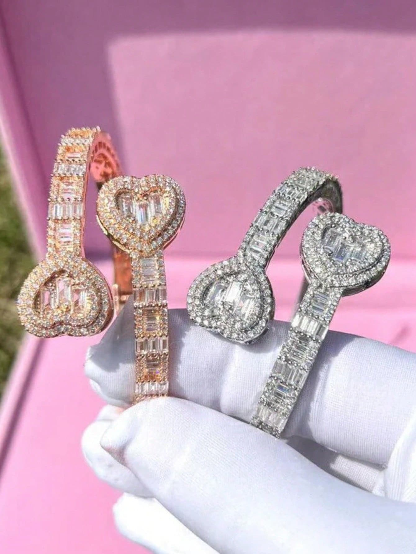 Luxury Iced Out Double Heart Bangle, Bridal Wedding & Banquet Jewelry, Elegant Sparkling Bracelet For Ladies - The Queen's Exclusive Bracelet - View 1