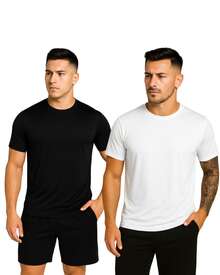 Kit Of 2 Men's Short-Sleeve Dry Fit T-Shirts, DryFit Gym, Running, Sports T-Shirt, CrossFit Fitness, Plain Casual Sportswear, Premium Polyester - 黑與白 - 查看 1