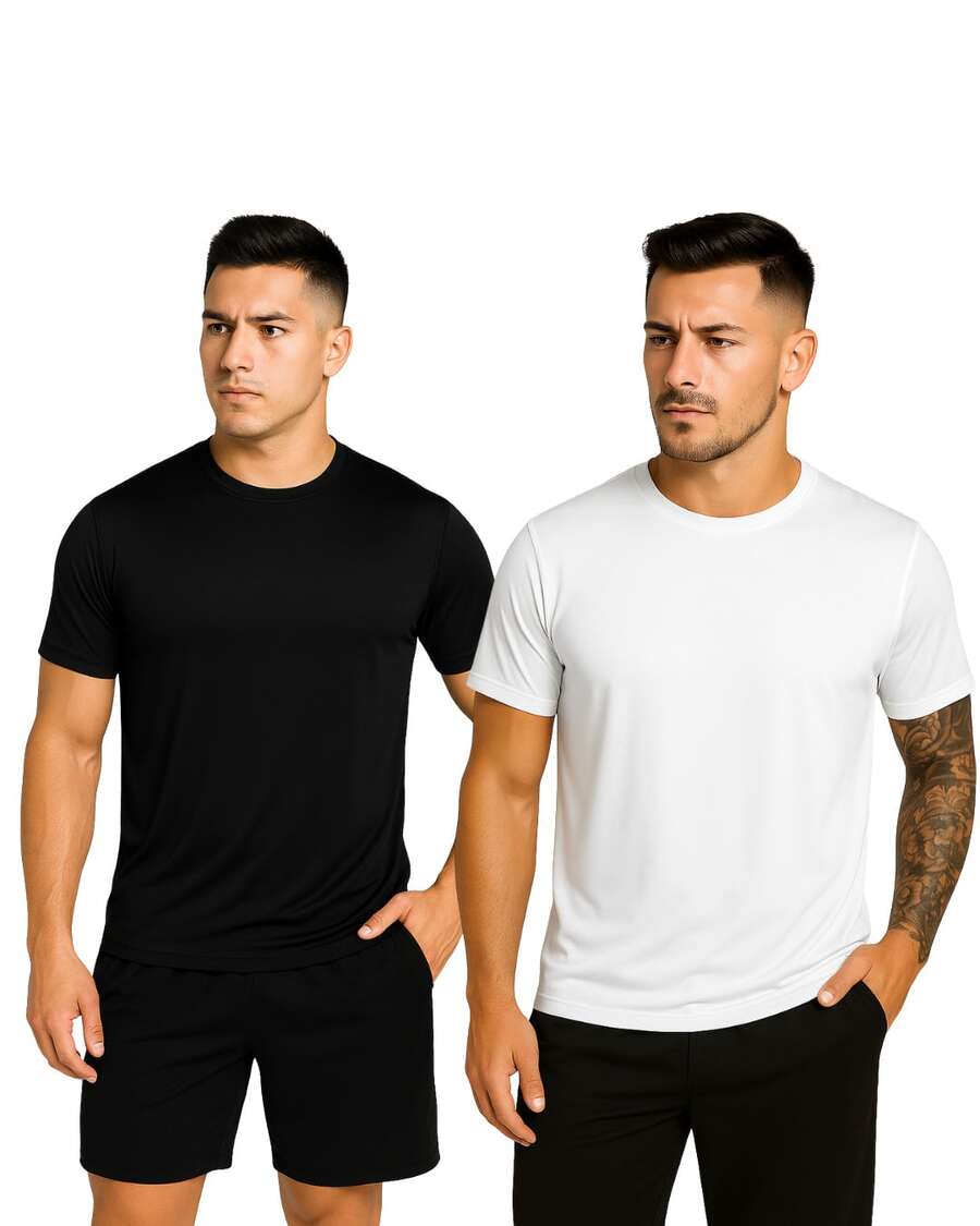 Kit Of 2 Men's Short-Sleeve Dry Fit T-Shirts, DryFit Gym, Running, Sports T-Shirt, CrossFit Fitness, Plain Casual Sportswear, Premium Polyester - 黑與白 - 查看 1
