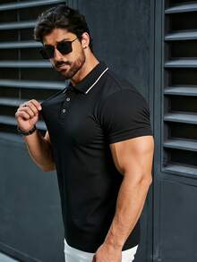 男士高尔夫球衫，时尚商务休闲印花短袖翻领纽扣设计 - 黑色 - 查看 4