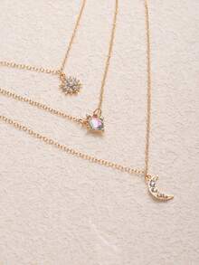 3件套欧美风格星月叠层项链，复古多层奢华水钻水滴吊坠项链，女士款 - 金色 - 查看 3